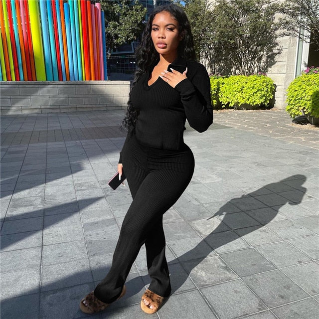 Solid Knit Ribbed Two Piece Set - PrimeX Collections