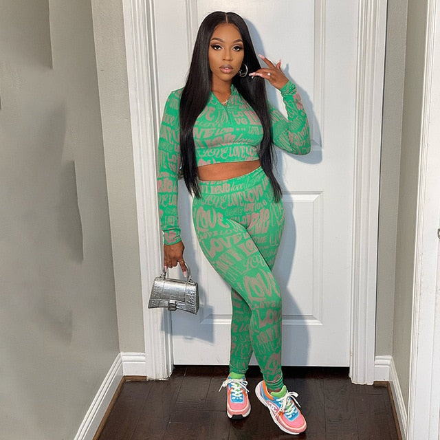 Letter Print Tracksuit Two Piece Set - PrimeX Collections
