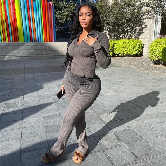 Solid Knit Ribbed Two Piece Set - PrimeX Collections