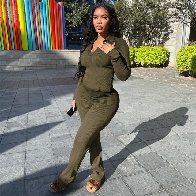 Solid Knit Ribbed Two Piece Set - PrimeX Collections