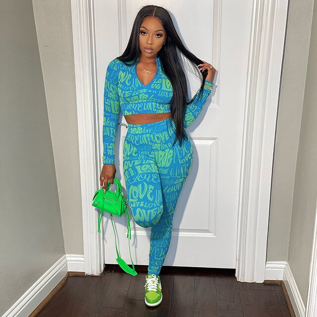 Letter Print Tracksuit Two Piece Set - PrimeX Collections