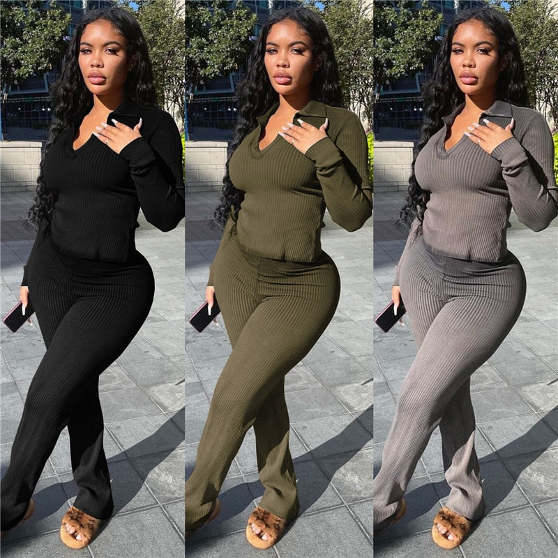 Solid Knit Ribbed Two Piece Set - PrimeX Collections