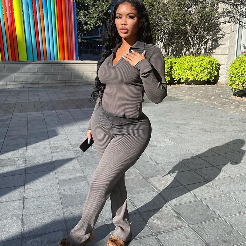 Solid Knit Ribbed Two Piece Set - PrimeX Collections