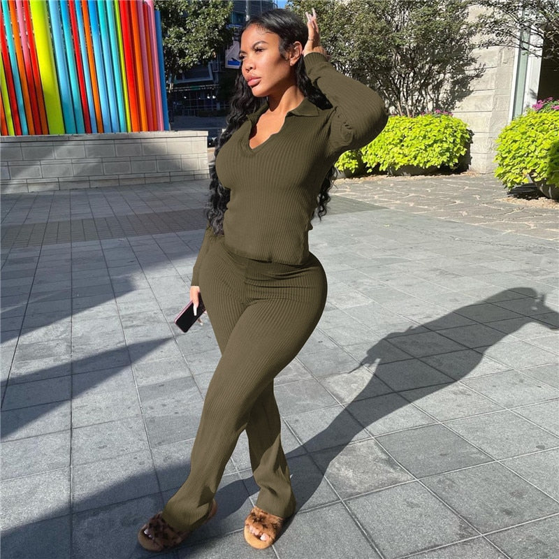 Solid Knit Ribbed Two Piece Set - PrimeX Collections